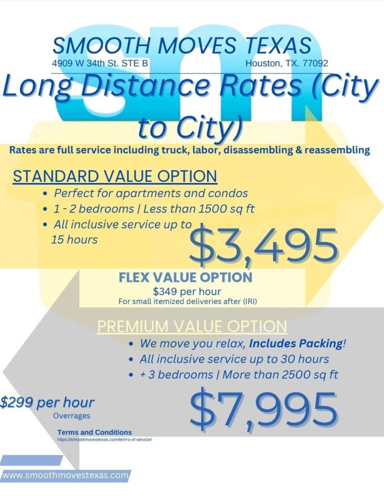 Smooth Moves Texas long-distance moving rates - statewide pricing from $3,495 to $7,995 including packing